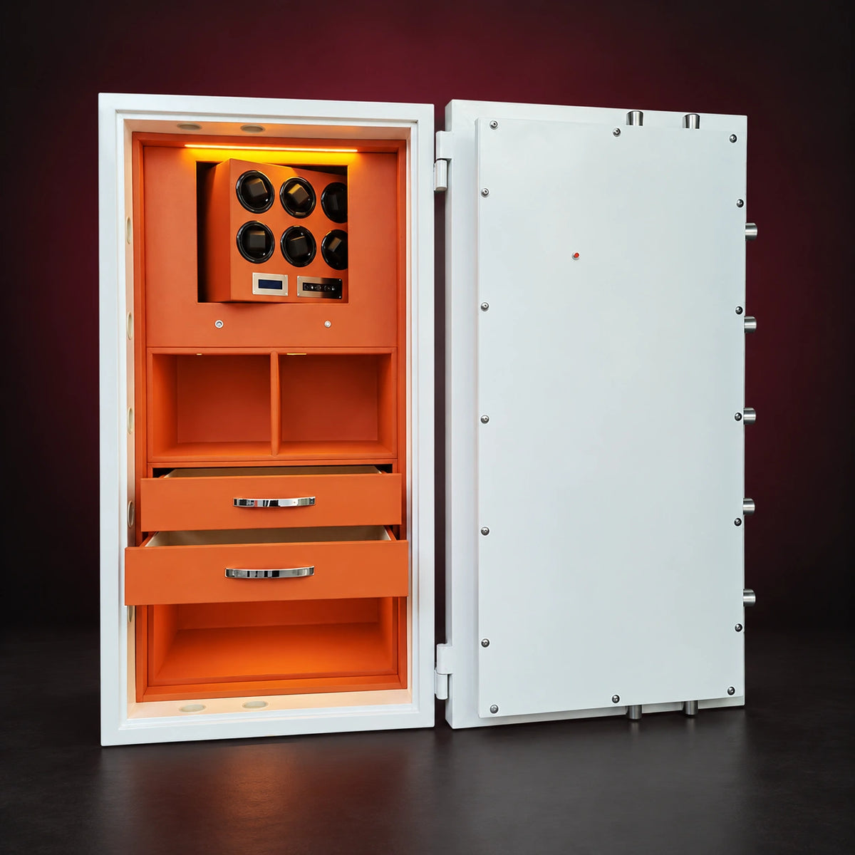 Vault watch winder safe in white with orange interior, drawers open and winding panel open