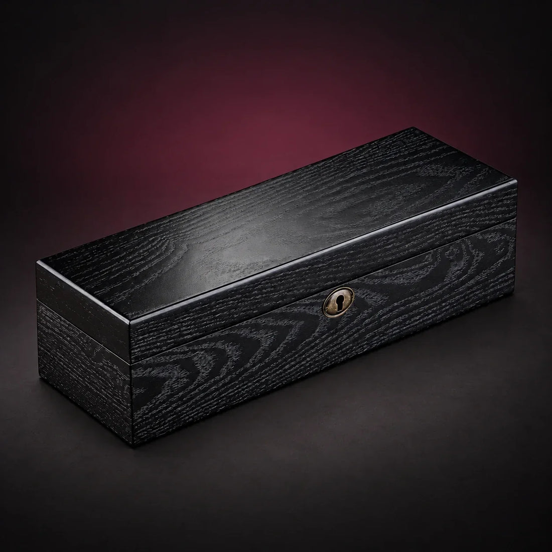 Ash watch storage box in a dark wood-grain finish with its solid lid closed; digitally styled supplier photograph.
