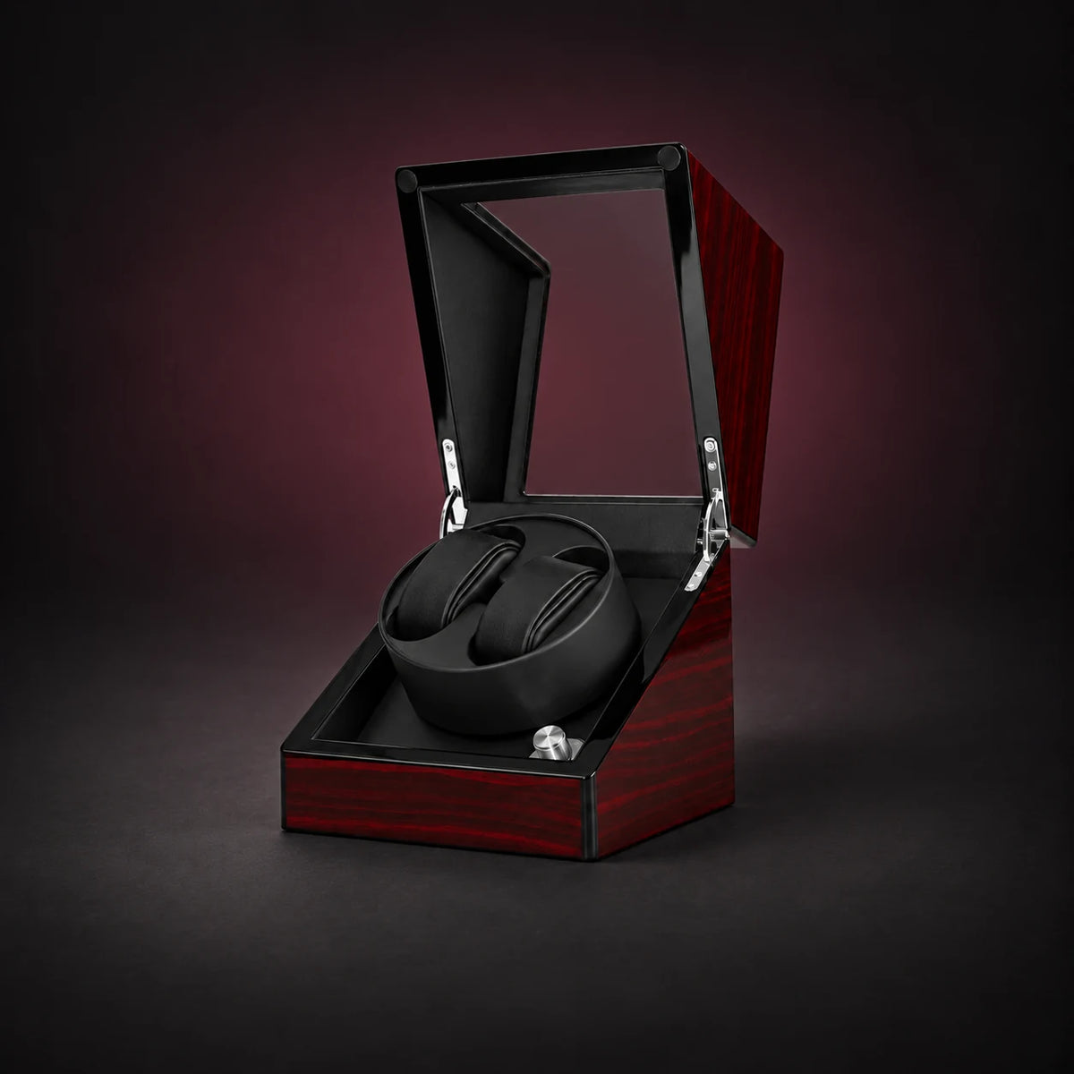 Piano double watch winder with a red-finished exterior, black interior, open clear lid and two empty cushions.