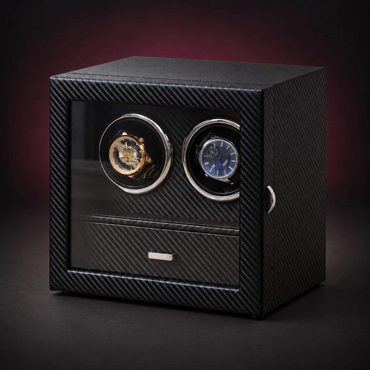 Cabinet Duo black carbon-look double watch winder with a clear door and lower drawer; demonstration watches not included.