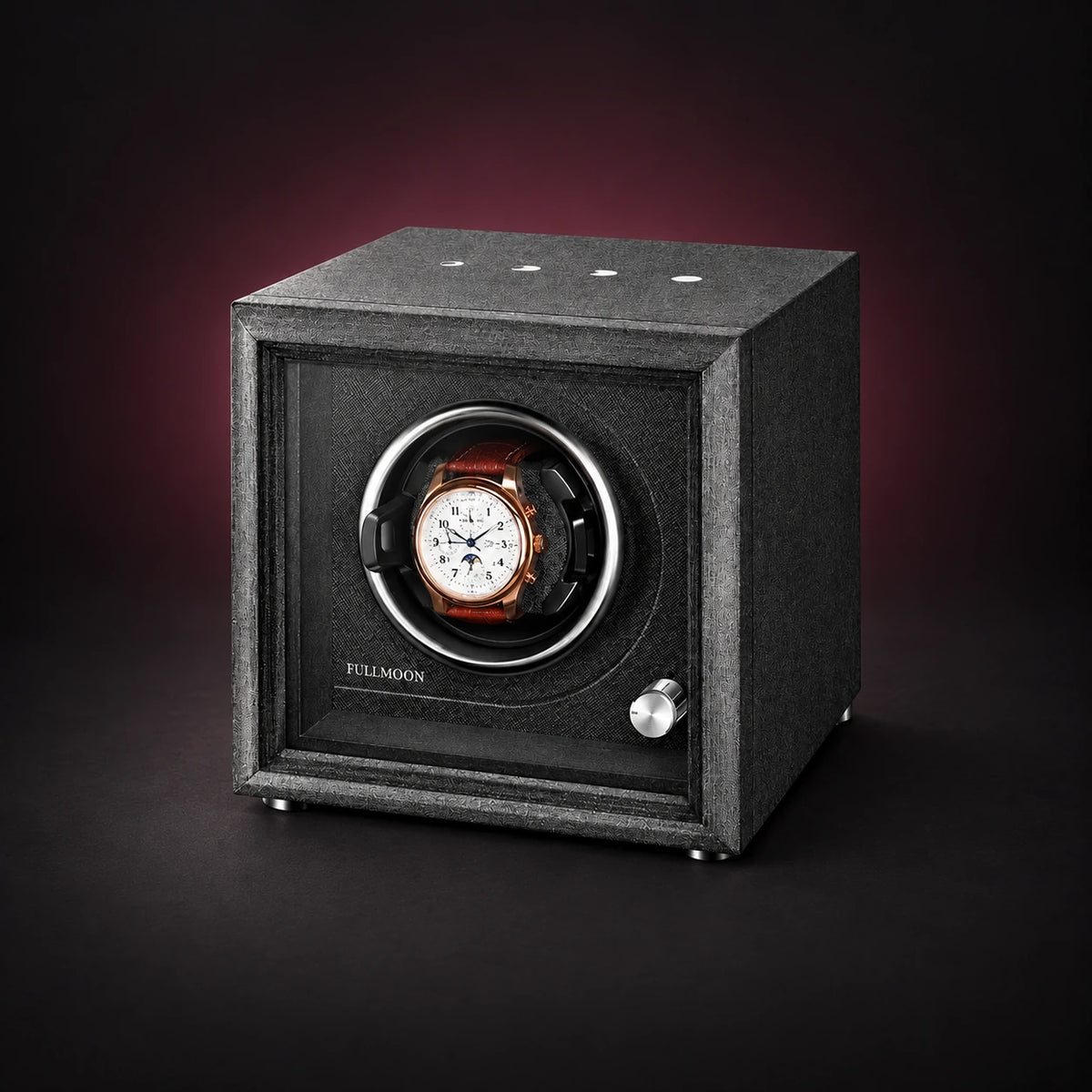 Lumen black single watch winder with a dark interior and visible FULLMOON mark; demonstration watch not included.