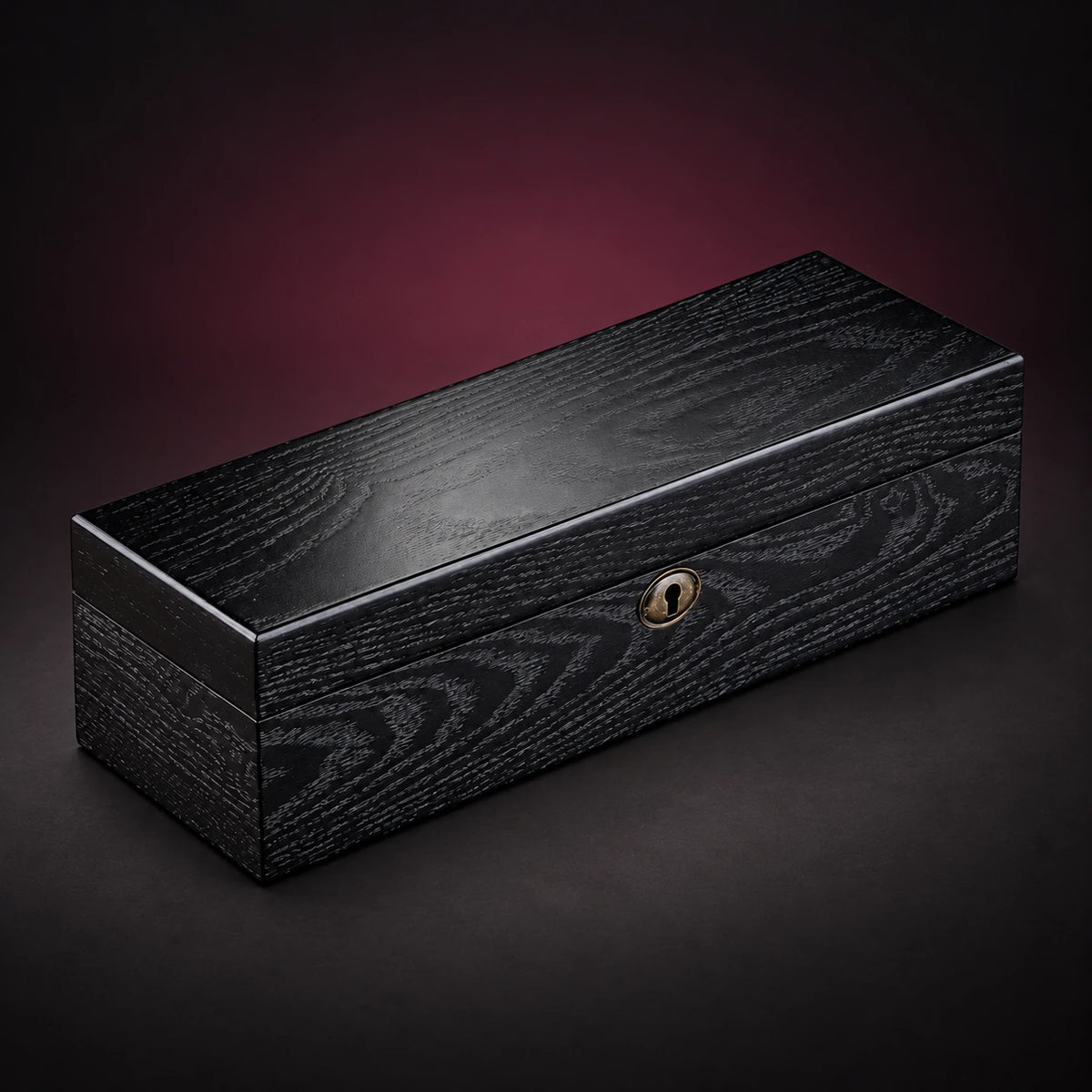 Ash six-watch storage box with a closed solid lid, dark wood-grain finish and brass-tone front fitting.