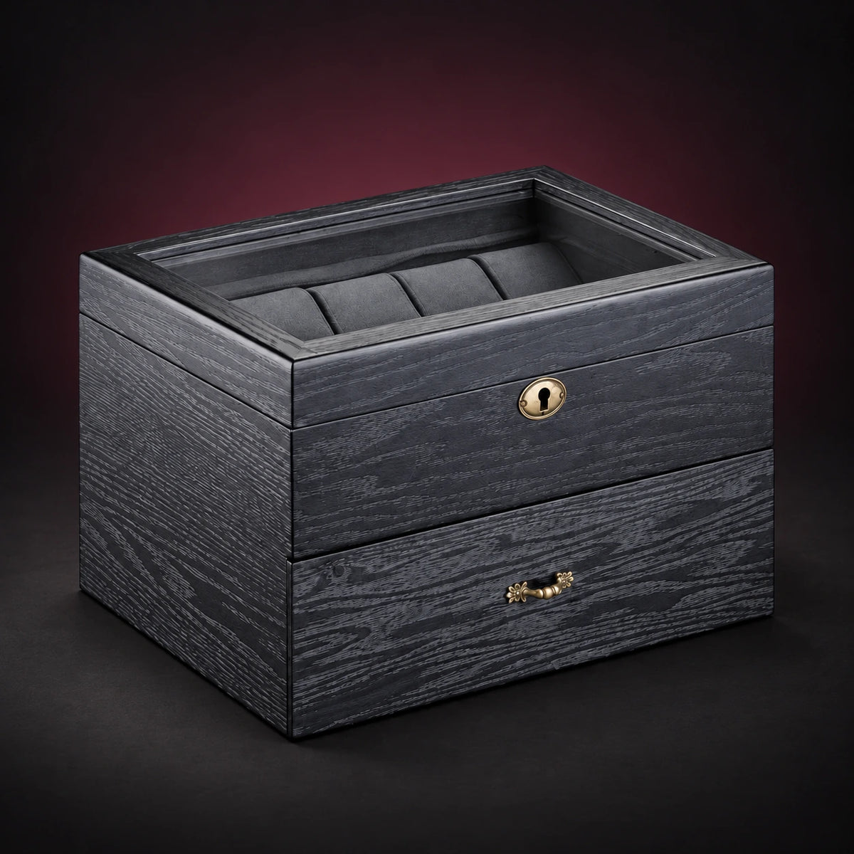 Ash twenty-watch storage box in a dark wood-grain finish, with a clear display lid and lower drawer.