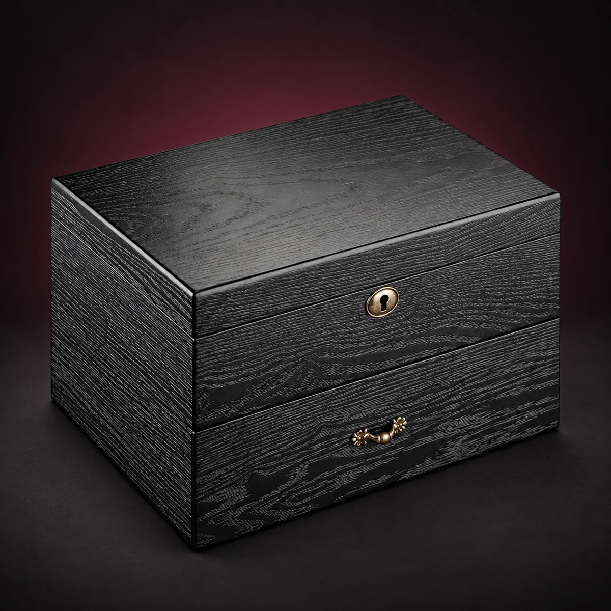 Ash twenty-watch storage box in a dark wood-grain finish, shown closed with a solid lid, lower drawer and brass-tone fittings.