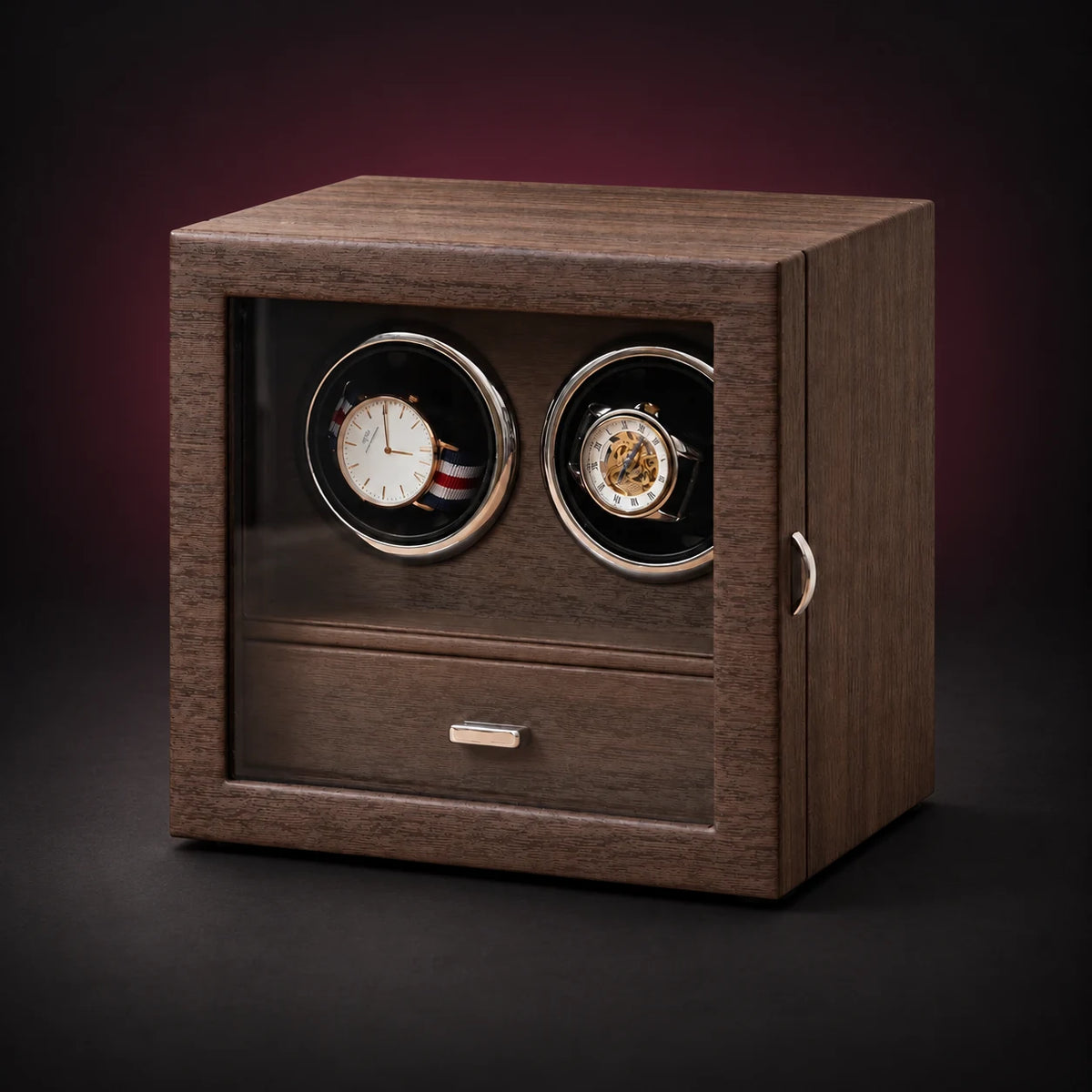 Cabinet Duo double watch winder in Vintage brown, with a clear front door and lower drawer. Watches not included.