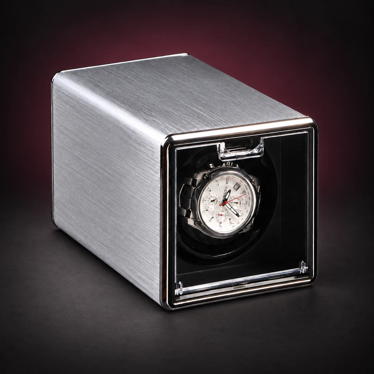 Cube silver-tone single watch winder with a clear front window; demonstration watch not included.