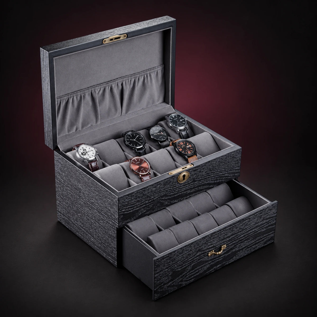 Ash twenty-watch storage box with its solid lid and lower drawer open, showing two levels of watch storage. Demonstration watches are not included.