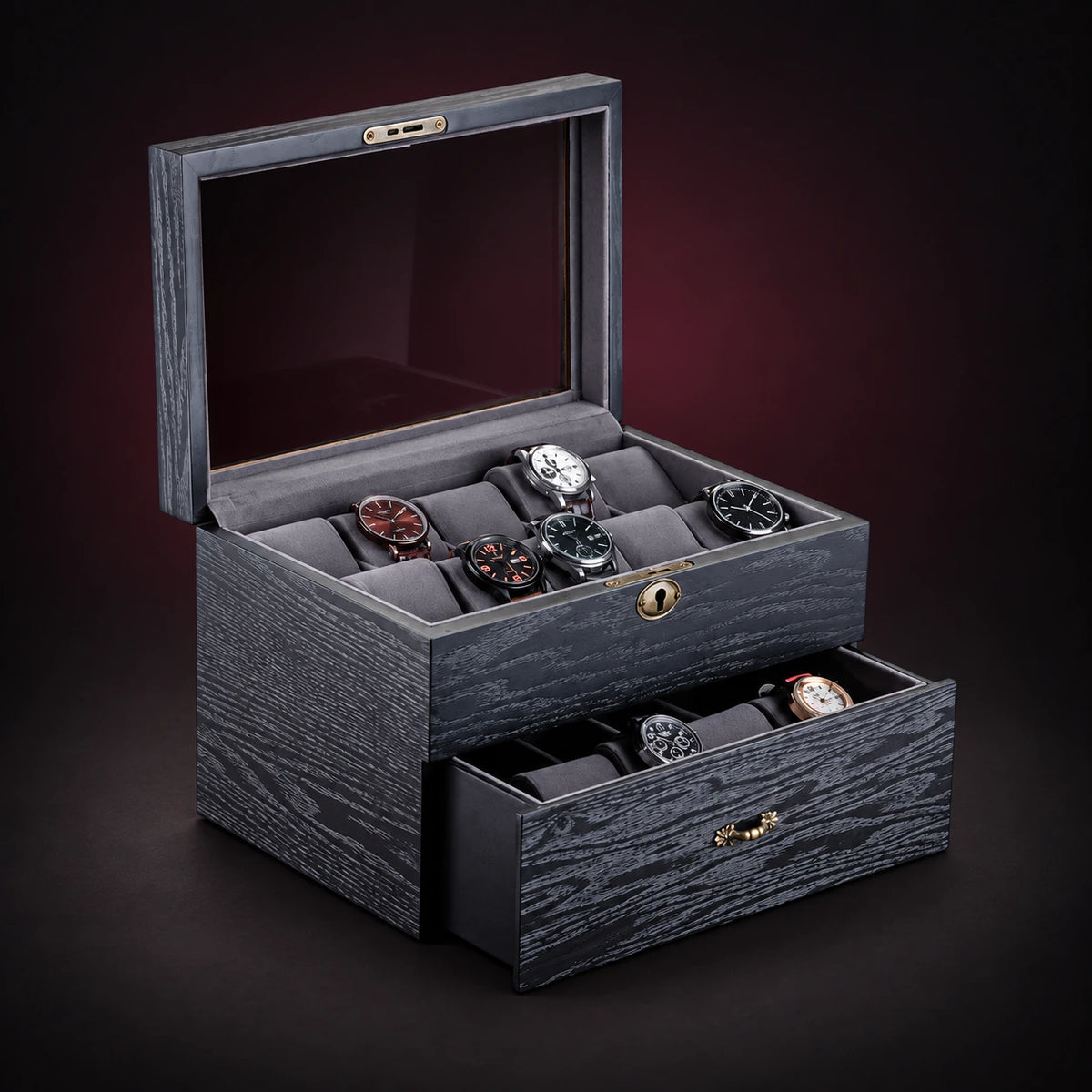 Ash twenty-watch storage box with its clear display lid and lower drawer open. Demonstration watches and display props are not included.