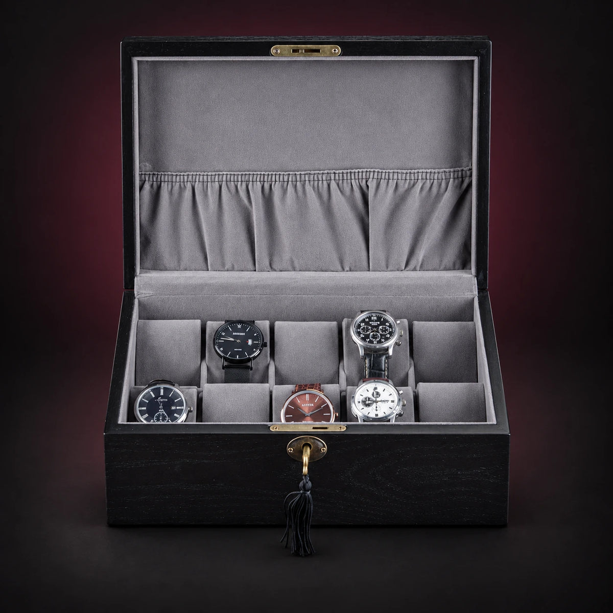 Ash ten-watch storage box with its lid open, showing the cushioned interior. Demonstration watches are not included.