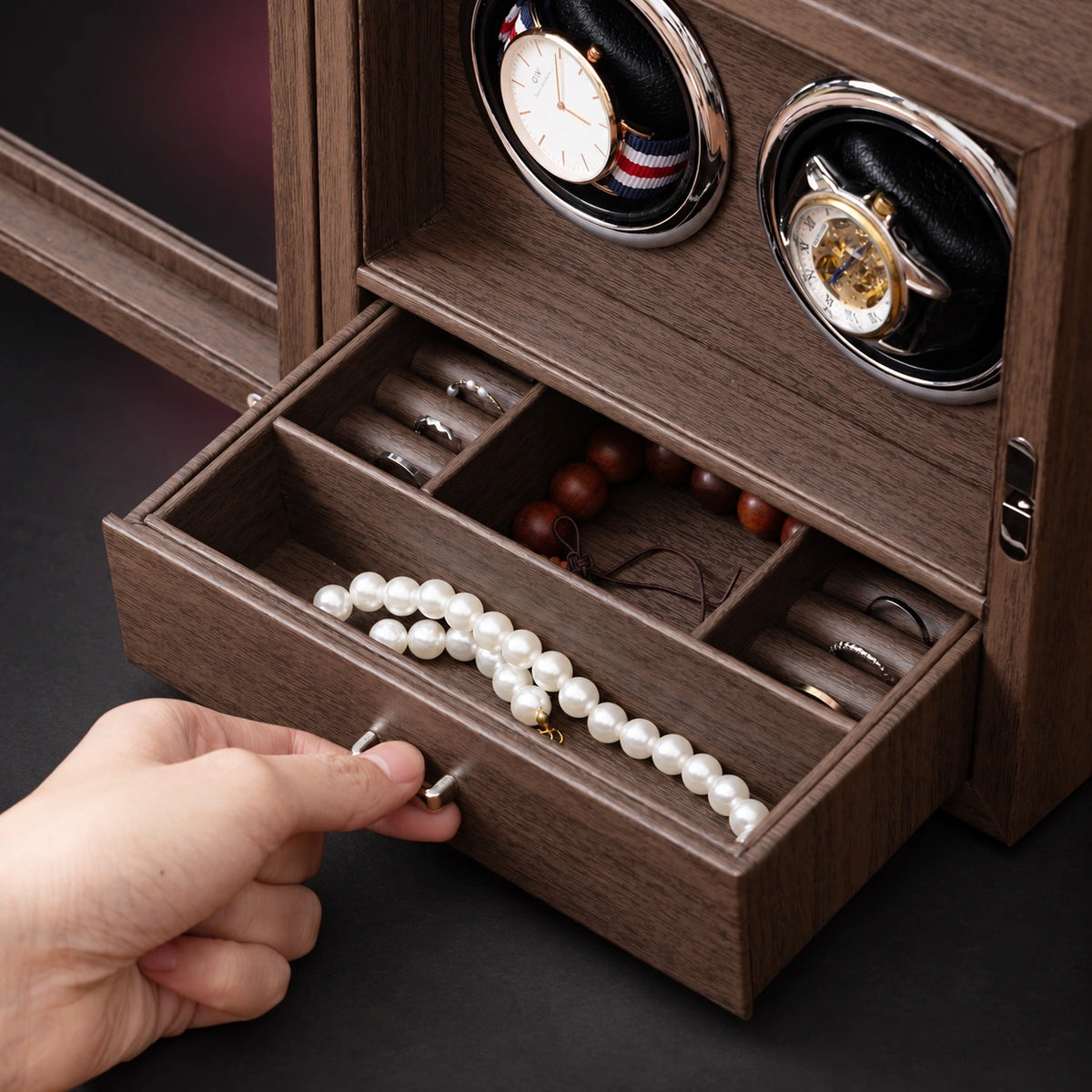 Cabinet Duo in Vintage brown with the lower drawer open, showing accessory compartments. Watches and jewelry not included.