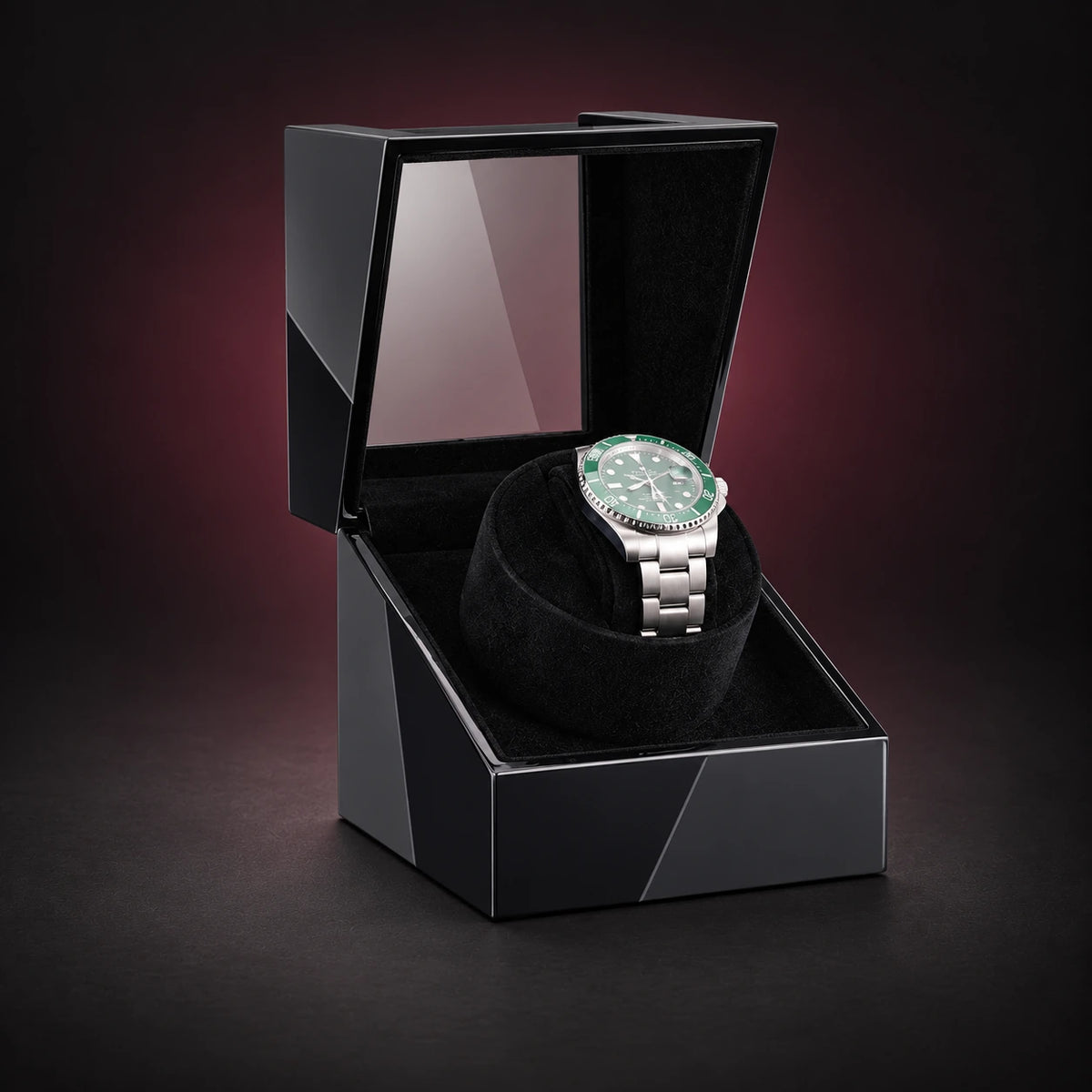 Studio black single watch winder shown with its lid open; demonstration watch not included.