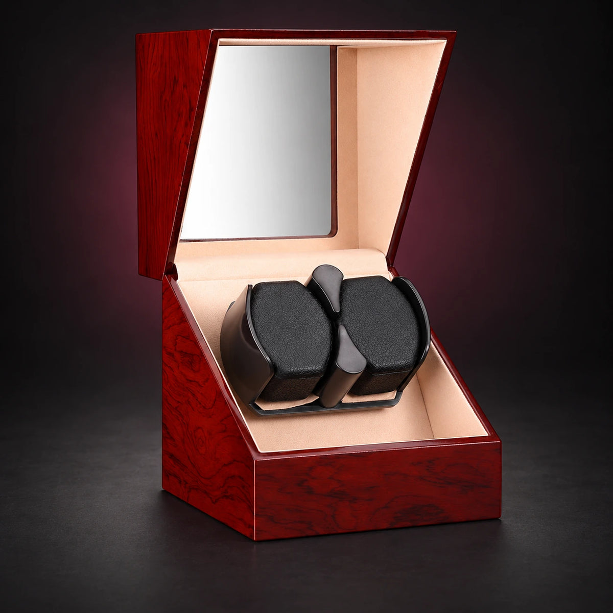 Studio double watch winder in a Rosewood wood-look finish with its lid open and two cushions visible.