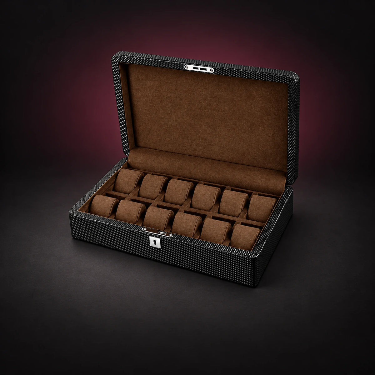 Gallery twelve-watch storage box with a black carbon-look exterior, open lid and brown interior with twelve separate cushions.