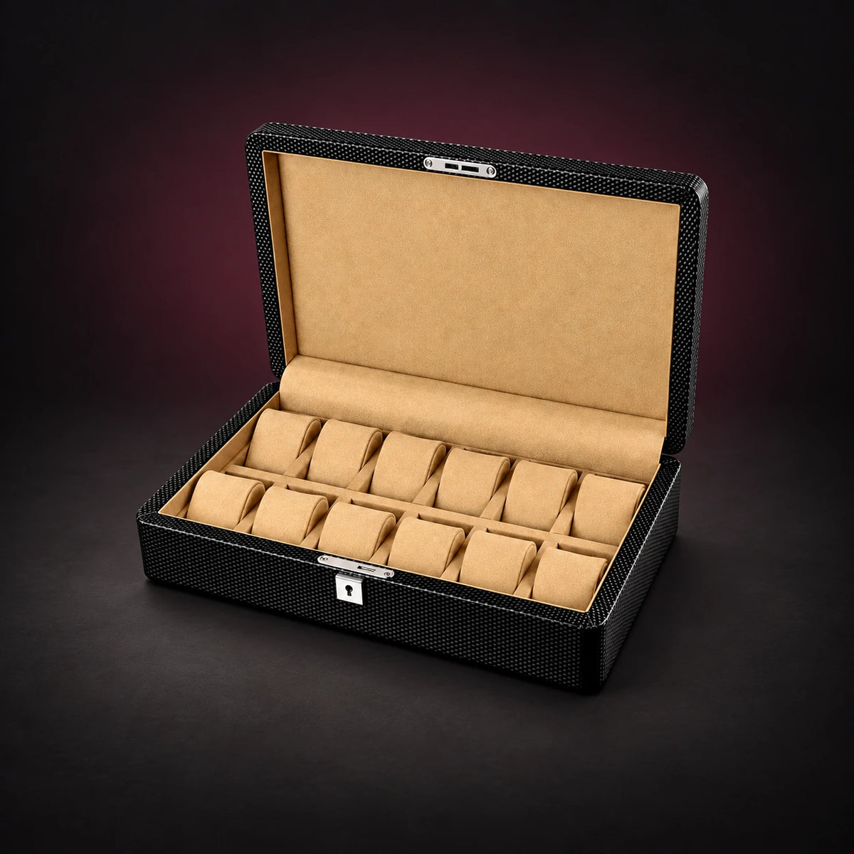 Gallery twelve-watch storage box with a black carbon-look exterior, open lid and tan interior with twelve separate cushions.
