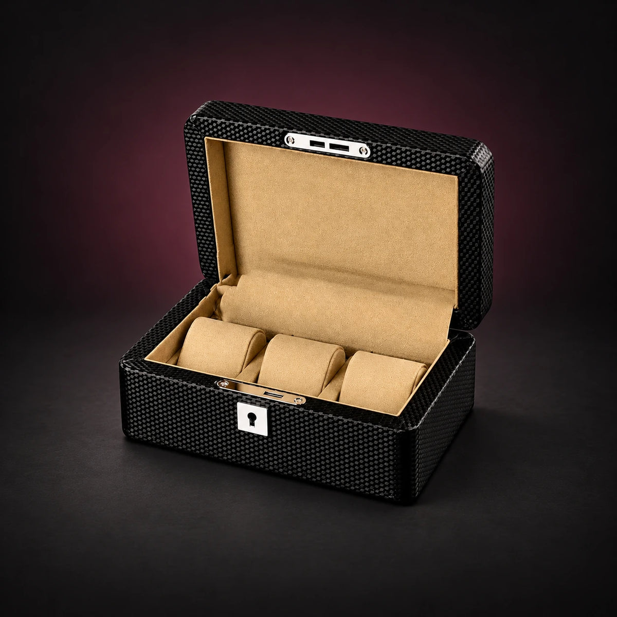 Gallery three-watch storage box with a black carbon-look exterior, open lid and tan interior with three separate cushions.