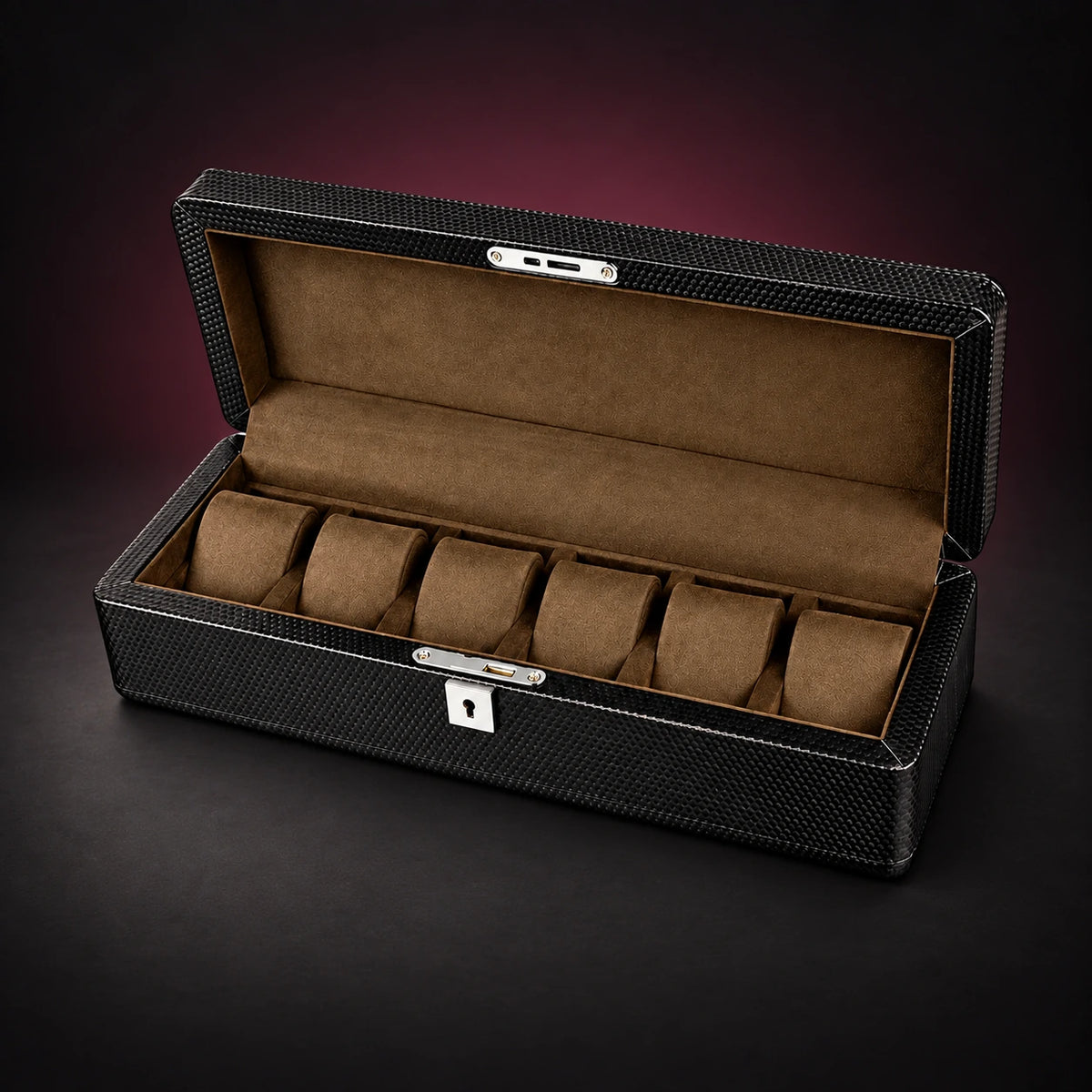 Gallery six-watch storage box with a black carbon-look exterior, open lid and brown interior with six separate cushions.