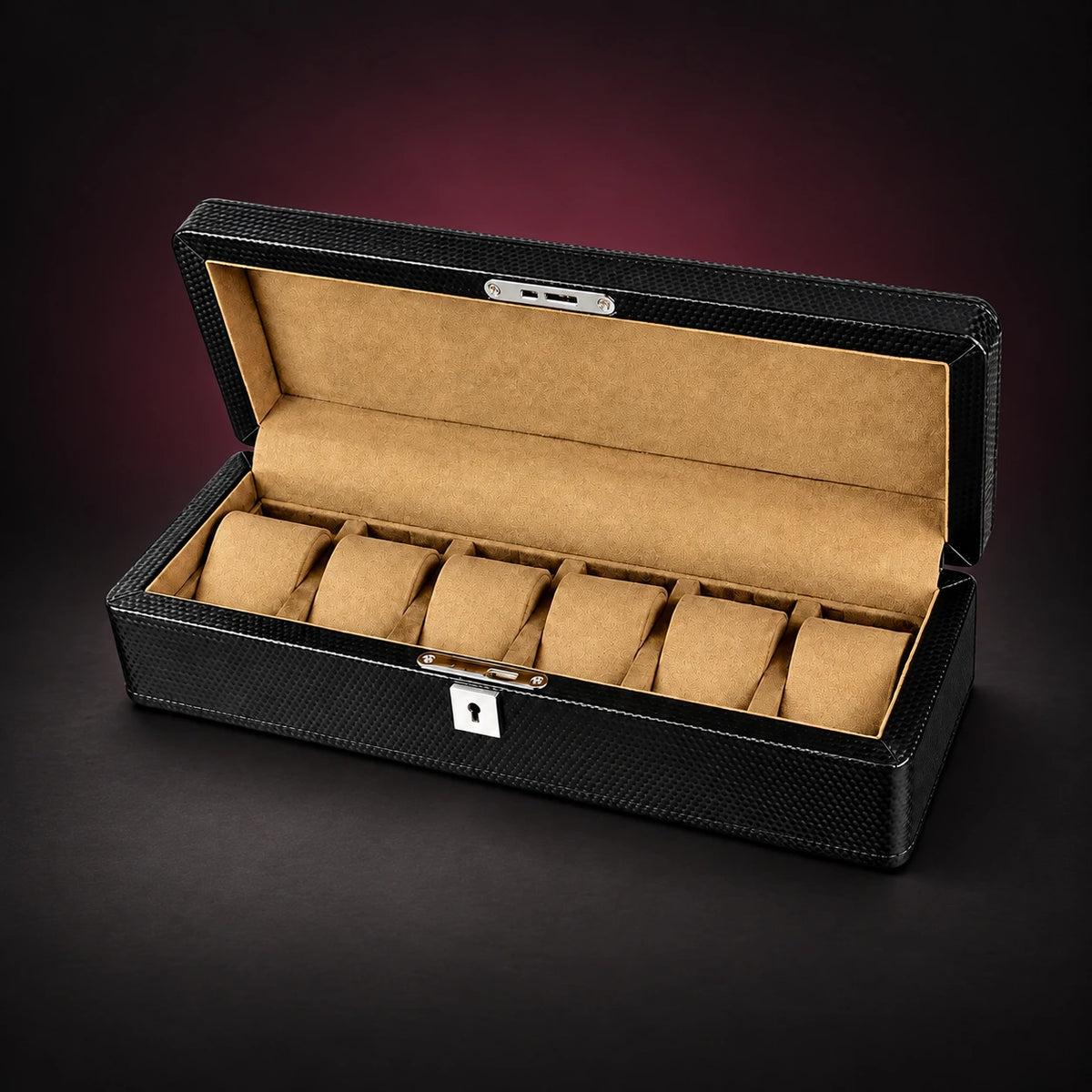 Gallery six-watch storage box with a black carbon-look exterior, open lid and tan interior with six separate cushions.