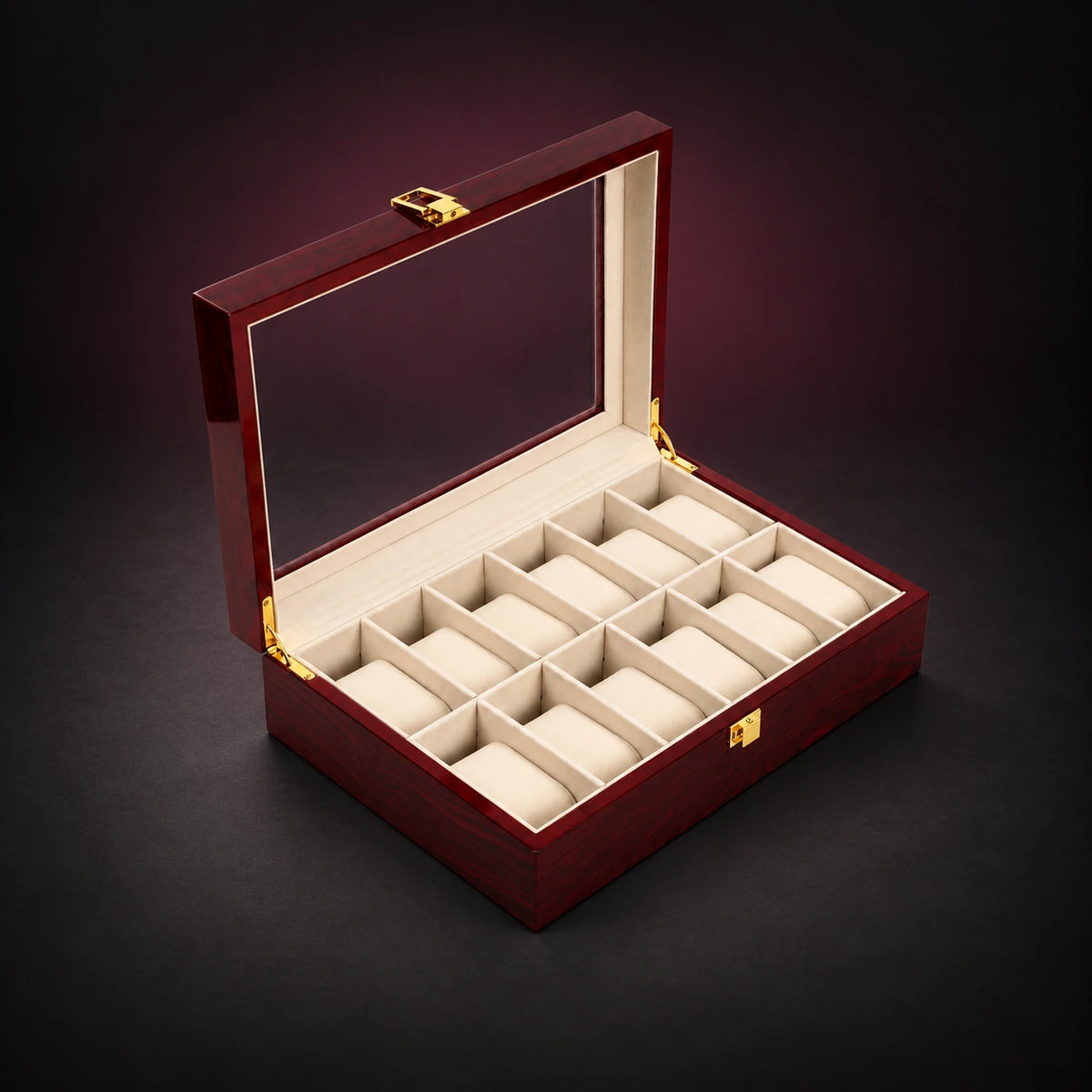Heritage twelve-watch storage box, open to twelve cream cushions in two rows, with a red wood-grain finish and clear lid.