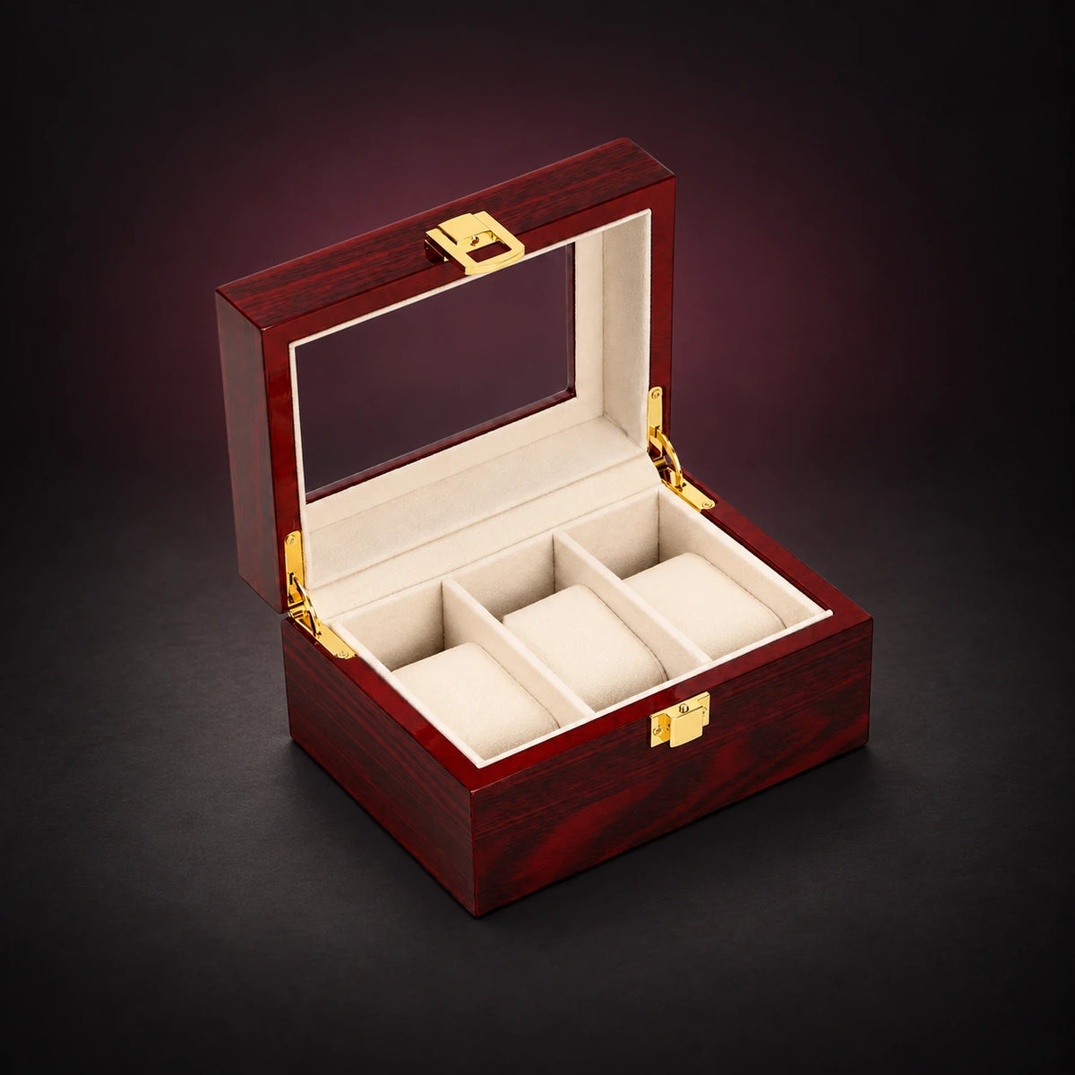 Heritage three-watch storage box, open to three cream cushions, with a red wood-grain finish and clear lid.