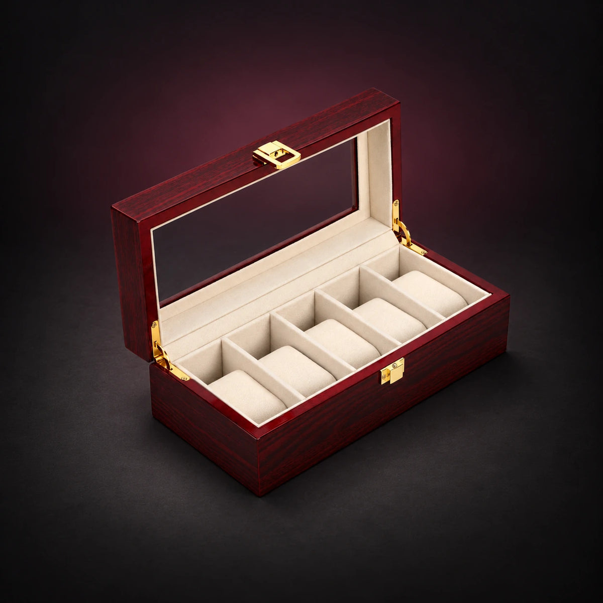 Heritage five-watch storage box, open to five cream cushions in one row, with a red wood-grain finish and clear lid.