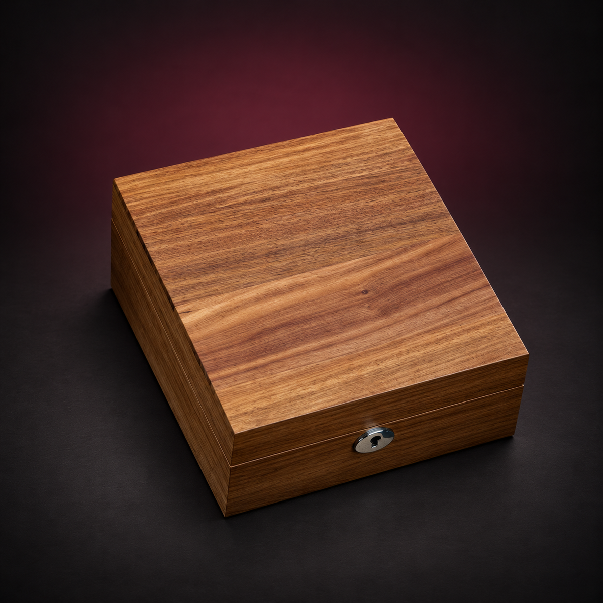 Closed warm brown four-watch storage box with a solid wood-grain lid and silver-colored front lock, viewed from above at an angle; digitally styled background.