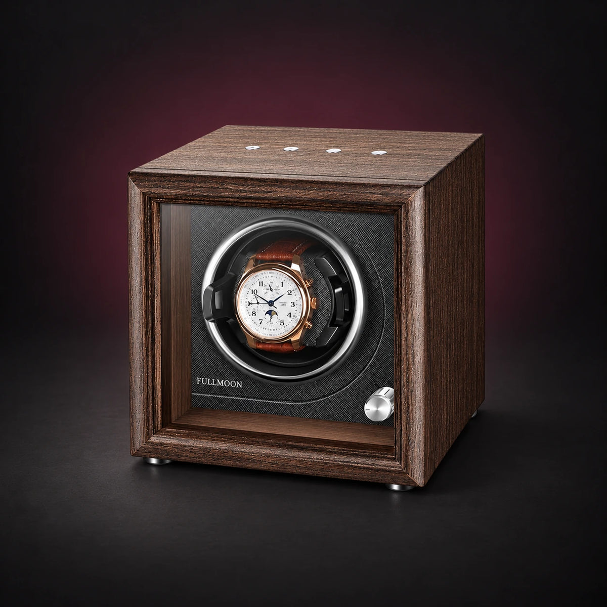 Lumen brown single watch winder with a black interior and original FULLMOON mark; demonstration watch not included.