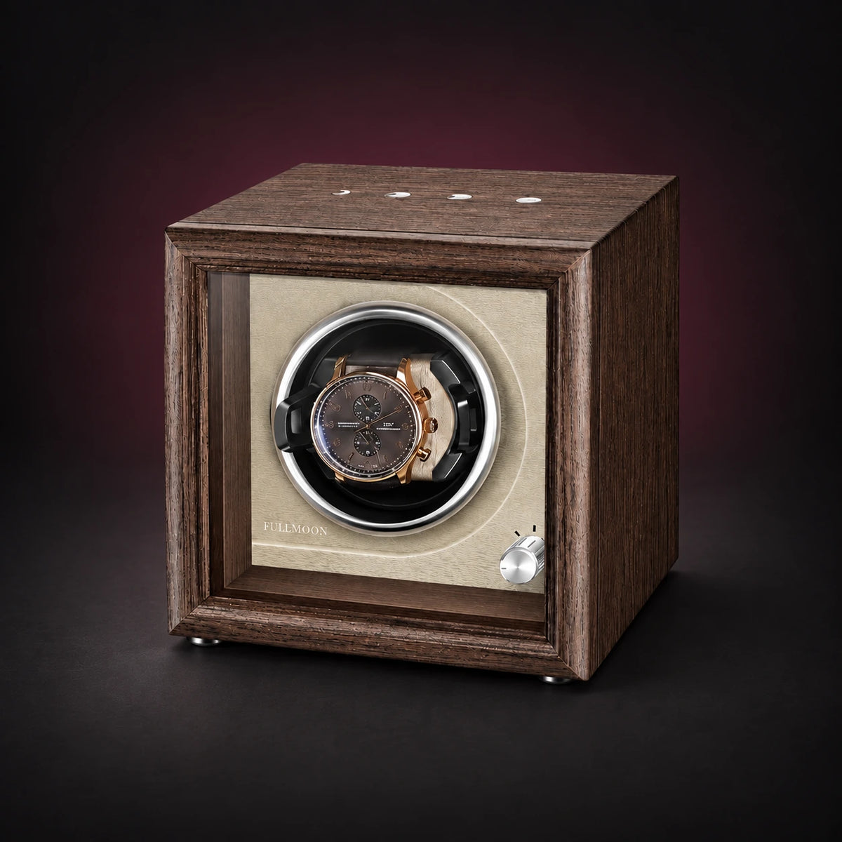 Lumen brown single watch winder with an ivory interior and original FULLMOON mark; demonstration watch not included.