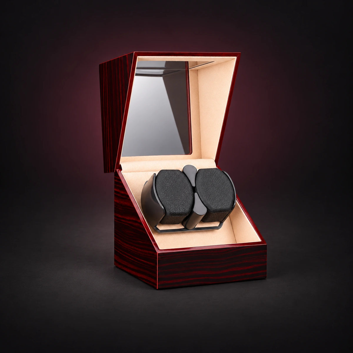 Studio double watch winder in an Ebony wood-look finish, shown open with two cushions.