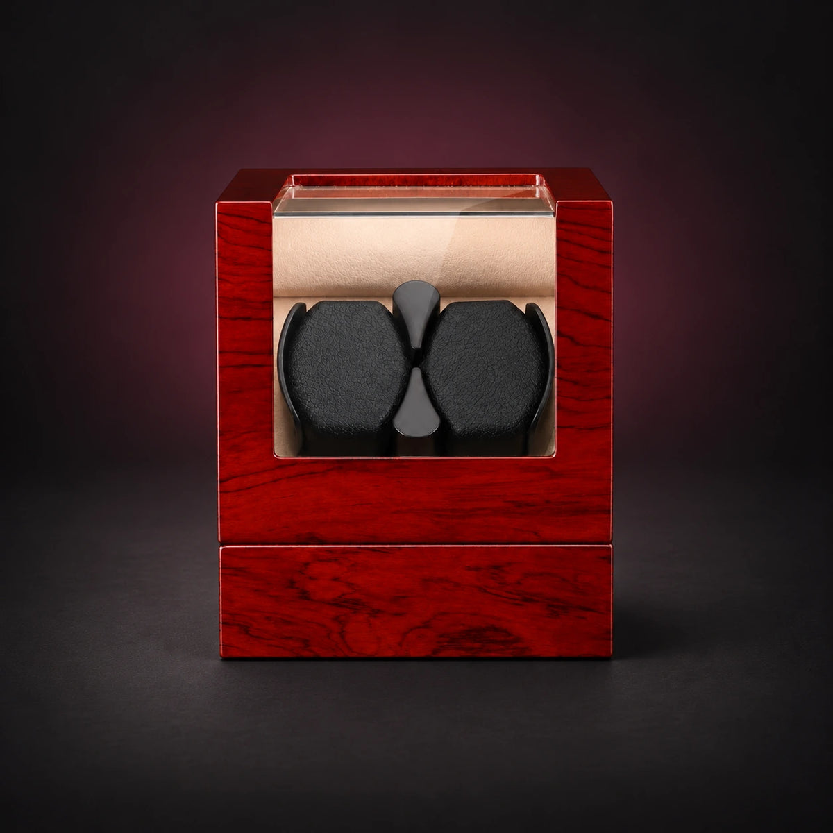 Studio double watch winder in a Rosewood wood-look finish with two cushions visible through the clear lid.
