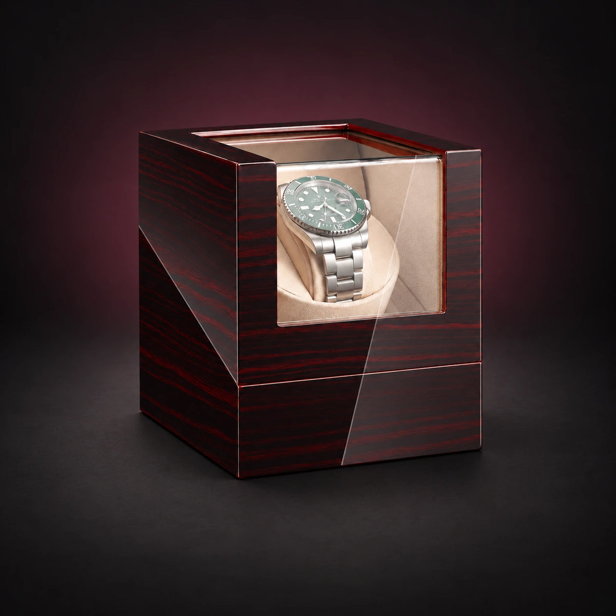 Studio single watch winder in an Ebony wood-look finish with its clear lid closed; demonstration watch not included.