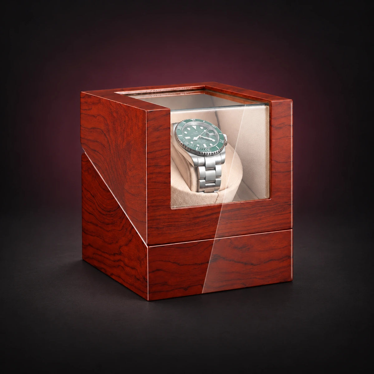 Studio single watch winder in a Rosewood wood-look finish with its clear lid closed; demonstration watch not included.