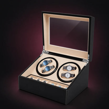 Quartet in Black, open to show four winding positions and six storage spaces