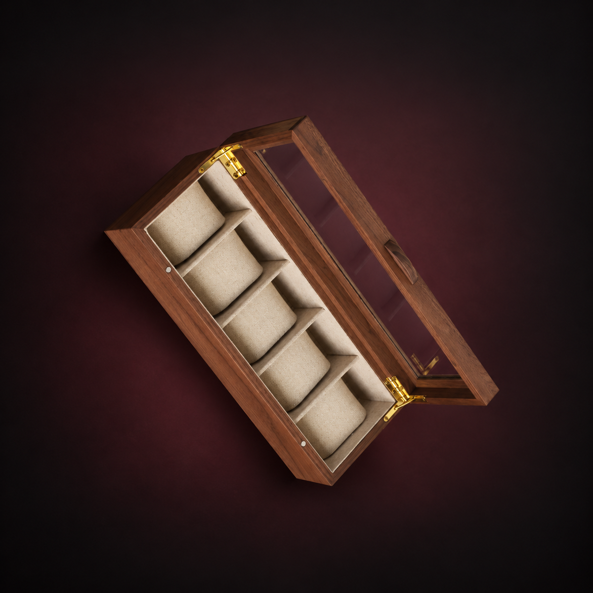 Rowan five-watch wooden display box with open clear lid and five beige cushions, overhead diagonal view on a digitally styled studio background.
