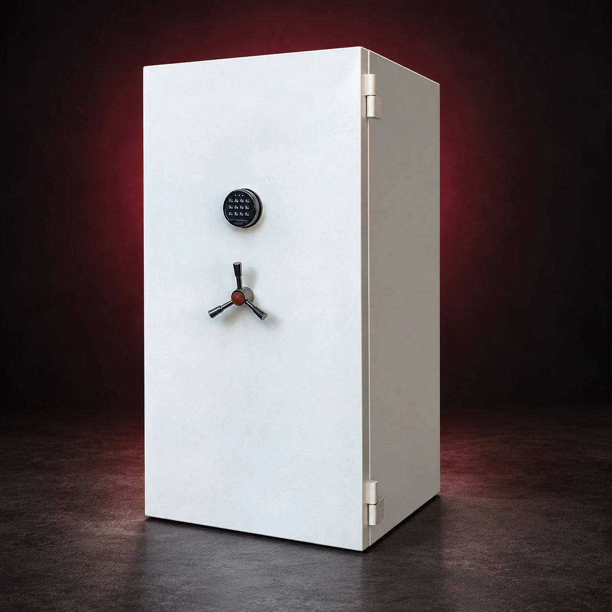 Vault watch winder safe in white, front door closed, with silver-tone handle and circular door controls