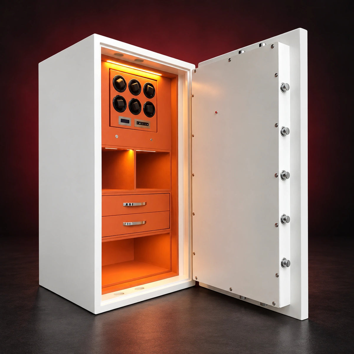 Vault watch winder safe in white with orange interior, front door open, six winding modules, two drawers and open storage shelves
